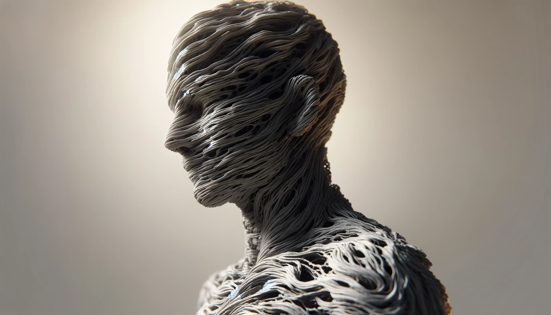 A 16:9 image of an autonomous agent depicted as a sculpture in the style of Magdalena Abakanowicz. The sculpture has a humanoid shape with an abstract, textured surface, resembling the rough, organic forms characteristic of Abakanowicz's work. The figure stands in a contemplative pose, with a complex, woven appearance made of materials that suggest a blend of metal and natural fibers. The background is simple and neutral to highlight the sculpture, with subtle lighting that casts gentle shadows, emphasizing the textures and details of the figure. Created with Dalle3