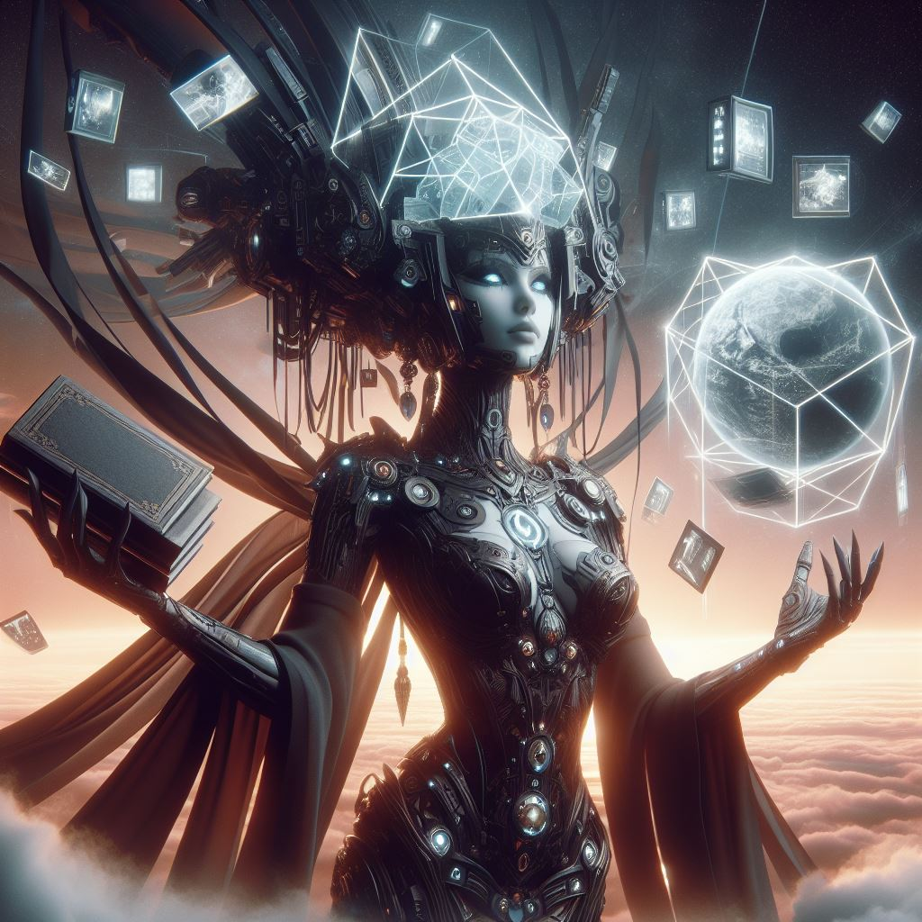 A female deity rising to the sky, holding photos in her left hand and books on the right. She wears a Polyhedron crystal helmet. Cyberpunk style - Made with Dalle3