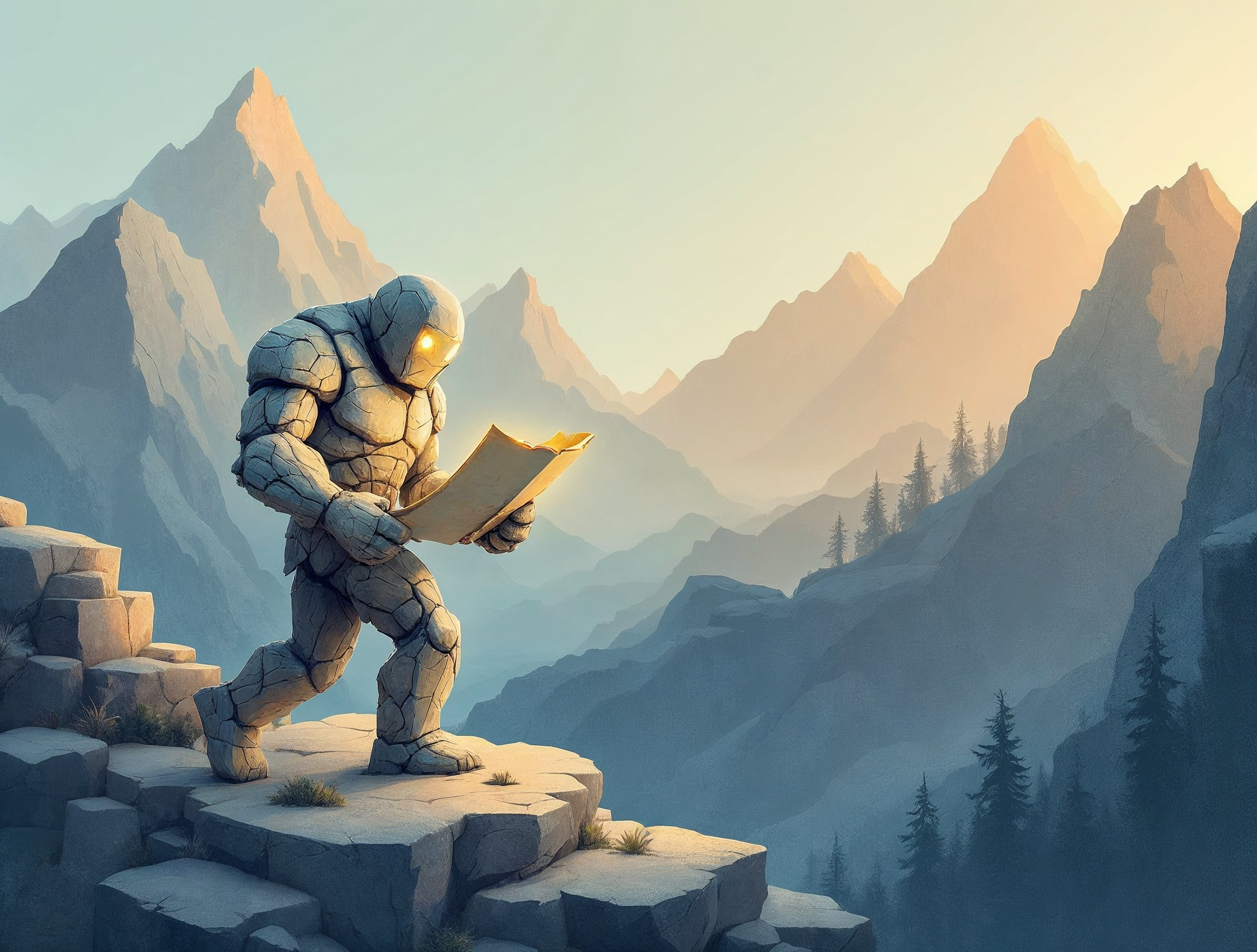 A Golem navigates a landscape using a map