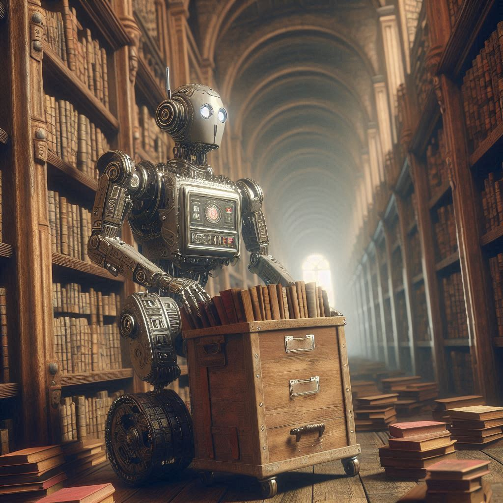 An old robot working as a librarian, retrieving books in an ancient, dusty library - by Dalle3