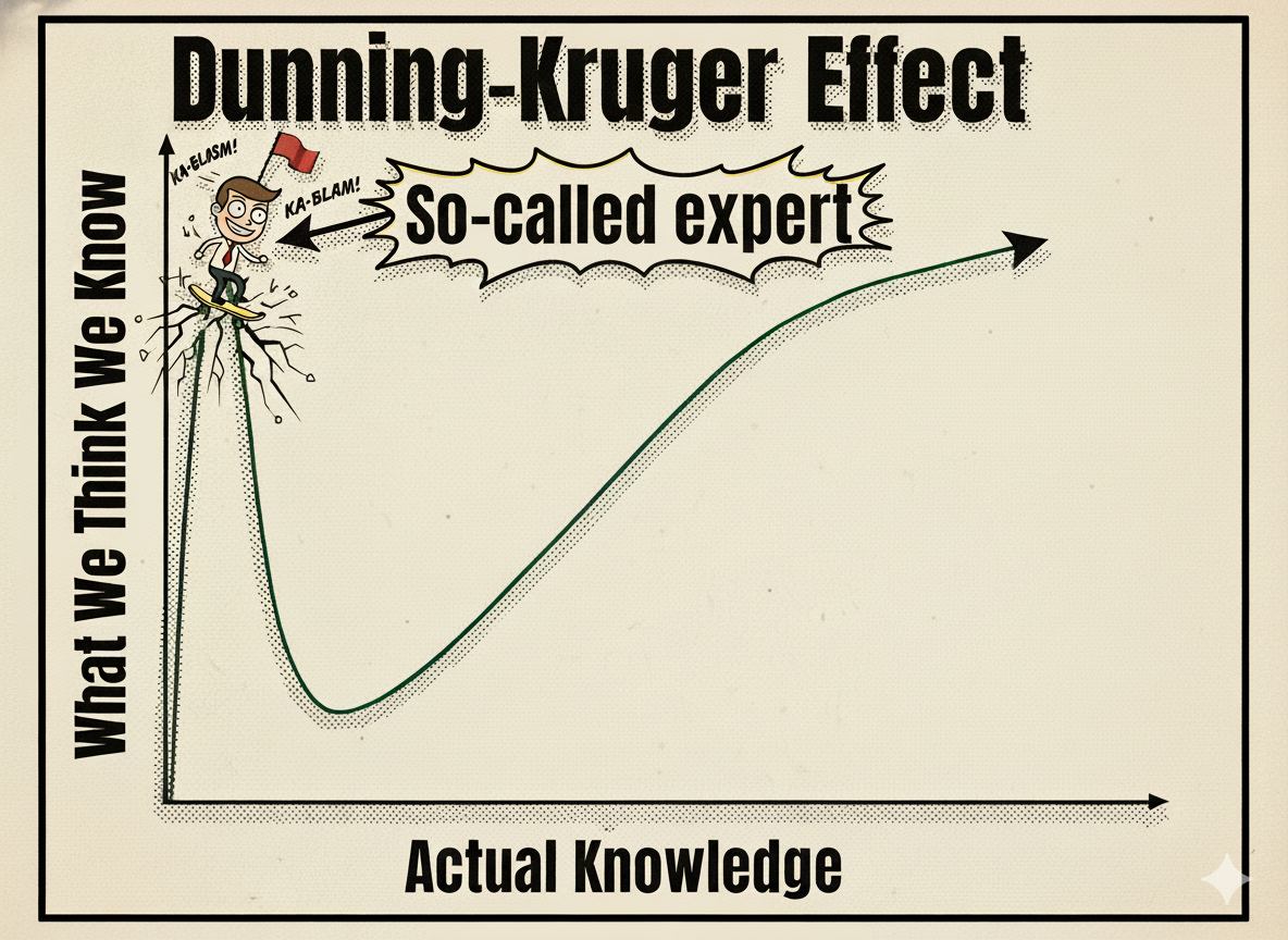 Dunning-Kruger effect with a self-proclaimed expert on top of the hill wearing a red flag on top of his head. Made with Nano Banana